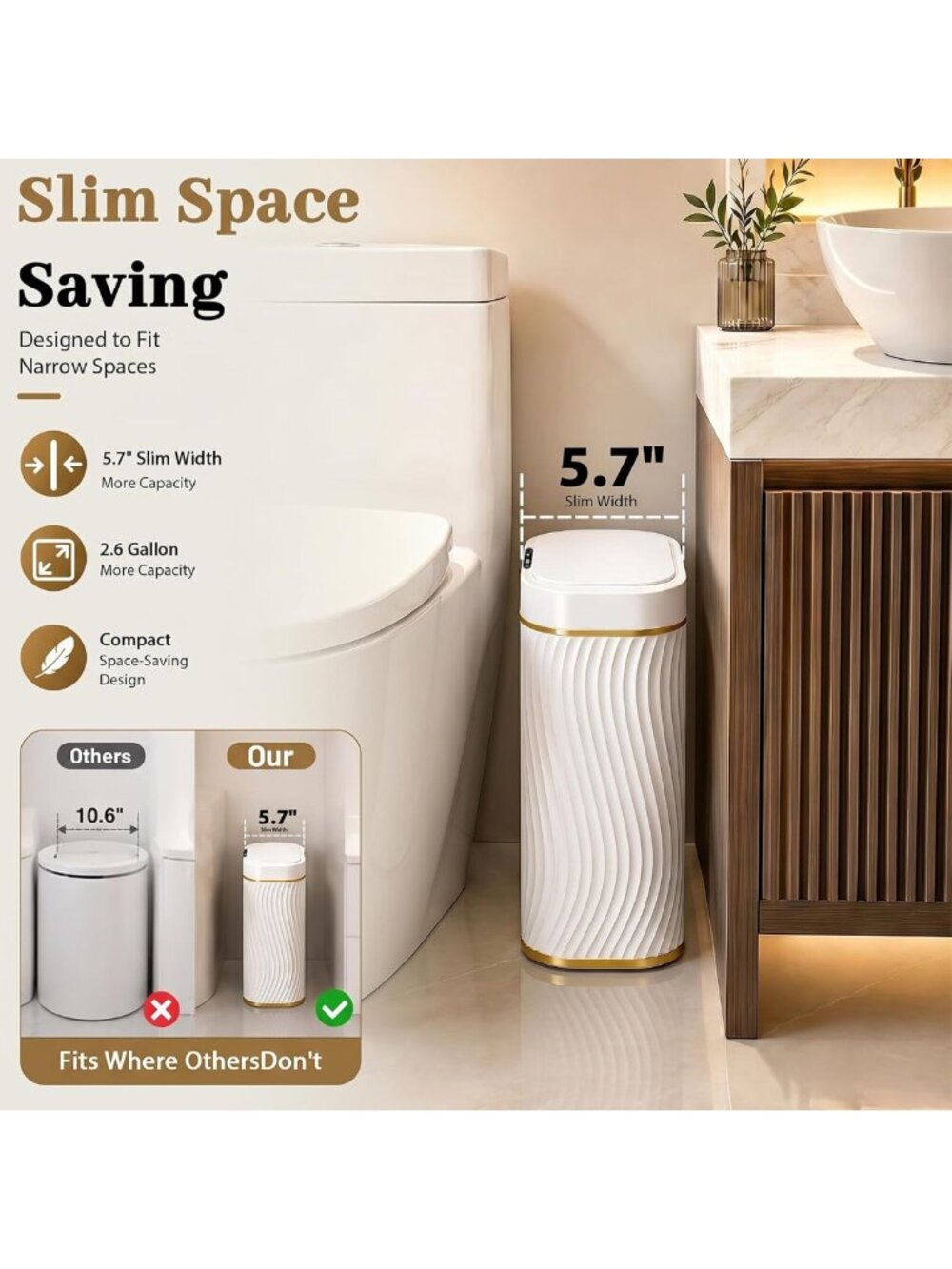 Touchless Motion Sensor Trash Can - 2.6 Gallon Slim Waterproof Bin for Home - Picture 2 of 8